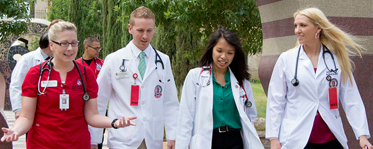 Student Services and Student Engagement Cover Image - Med students walking